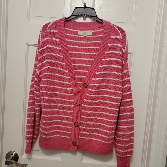 LOFT PINK & White Striped Chunky Knit Cardigan size Medium, Casual, Comfy - Picture 7 of 9